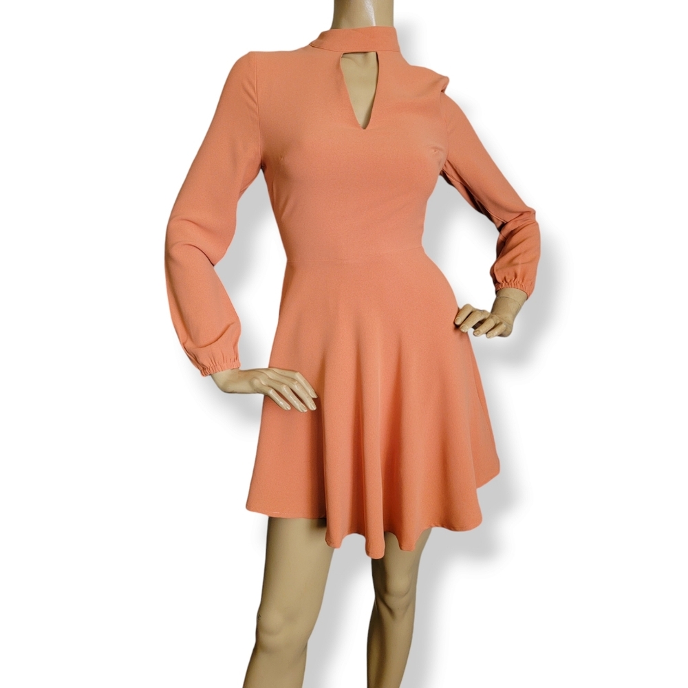 Cream & Sugar Orange Peach High Collar Open Back A-Line Flare Dress